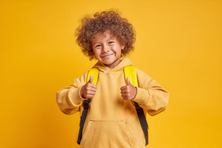 Joyful schoolboy with curly hair laughs and shows thumbs up. He wears a yellow backpack and a hooded sweatshirt. The setting has a bright yellow backdrop.の素材