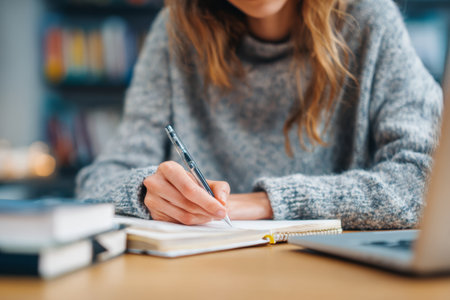 A person is focused on writing in a notebook by hand. On the desk, there is a laptop and several books. The setting appears to be indoors, suggesting study or work.の素材