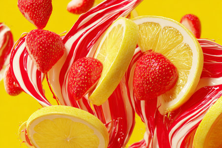 Lemon slices and strawberries swirl together with milk to create a bright, energetic display. The vibrant colors pop against a solid background, showcasing a fun design.の素材