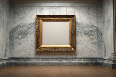A detailed gold frame is placed on a marble wall inside a museum gallery. Soft light highlights the frame, and wooden floors add to the elegant setting. No artwork is present inside the frame.の素材