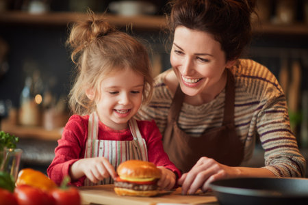 In a bright kitchen, a little girl joyfully prepares hamburgers with help from an adult. They share smiles and a fun learning experience surrounded by colorful vegetables.の素材