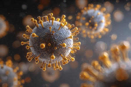 Visualize cellular structures that represent disease. Focus on viruses and pathogens with intricate details. Explore science and technology in a world without illness and suffering.の素材