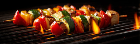 Friends gather around a barbecue grill, cooking skewers filled with bell peppers, zucchini, and meat. Flames rise as the food cooks under the evening sky.の素材