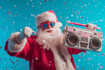Santa holds a boombox while wearing sunglasses as confetti falls around him. The blue backdrop adds to the festive mood of the Christmas celebration. This scene captures holiday spirit and joy.の素材