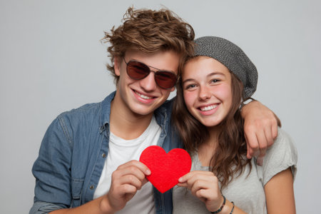 A young couple smiles while holding a red heart symbol on Valentine day. The boy wears sunglasses and the girl has a beanie. They show joy and love together.の素材
