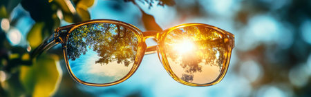 Golden sunglasses rest against a backdrop of lush greenery, capturing the sunlight and vivid reflections of a clear blue sky, creating a tranquil and bright atmosphere.の素材