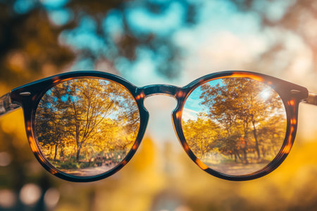 The scene showcases a pair of tortoiseshell sunglasses reflecting vibrant autumn foliage and a peaceful park atmosphere filled with warmth and sunlight.の素材