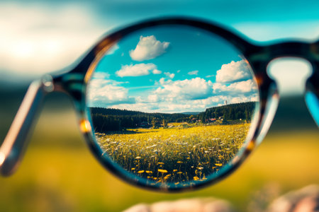 Through the lenses of glasses, a picturesque meadow comes into focus, revealing a stunning landscape filled with green fields, colorful flowers, and a bright blue sky.の素材