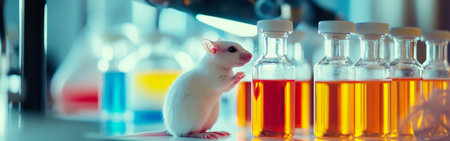 A small white mouse curiously investigates several test tubes containing vibrant liquids in a modern laboratory. Researchers observe the mouse's interactions.の素材