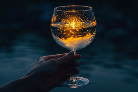 A hand gracefully holds a crystal-clear glass filled with sparkling water, capturing the warm, golden hues of sunset reflecting on a serene body of water.の素材