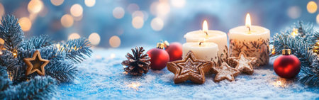 Amidst a snowy setting, illuminated candles surround festive ornaments and pinecones, creating a warm and inviting atmosphere with shimmering lights in the background.の素材