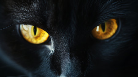 A black cat gazes intently with captivating golden eyes, its sleek fur glinting under gentle light, exuding an aura of mystery and curiosity.の素材