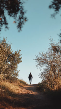 A solitary figure walks down a serene dirt path, framed by lush trees and a clear blue sky, enjoying a peaceful moment in nature's embrace.の素材