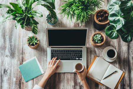 A hand reaches for a coffee cup while typing on a laptop surrounded by vibrant green plants, a notebook, and a notepad, creating a peaceful work environment.の素材