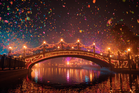 A lively celebration unfolds on a beautifully lit bridge, adorned with bright decorations. Confetti fills the air, creating a joyful atmosphere above the calm water below.の素材