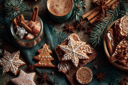 A warm display of holiday cookies, spices, and a cup of cocoa creates a cozy atmosphere. Gingerbread shapes and cinnamon sticks enhance the festive mood during winter.の素材