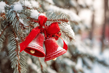 Red decorative bells are tied with red ribbons and hang from a snow-covered evergreen tree. The scene captures the beauty of winter and holiday spirit.の素材