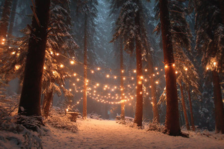 A peaceful forest path is covered in snow, adorned with glowing string lights hanging between tall pine trees. The soft light creates a magical atmosphere in the evening.の素材