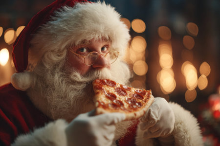 A joyful figure dressed as Santa is taking a bite of a pizza slice. The background features warming glowing lights, creating a cheerful holiday atmosphere.の素材