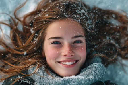 A smiling girl lies on fresh snow, surrounded by snowflakes. Her hair glistens with frost, and her cozy scarf adds warmth to the chilly setting.の素材