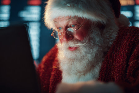Santa Claus is focused on a laptop, surrounded by festive decorations. His white beard and red suit contrast with the glowing screen, capturing the holiday spirit.の素材