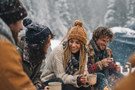 A group of friends sits around a warm fire enjoying drinks while soft snow falls in a serene forest. They laugh and share stories, creating a cozy atmosphere.の素材