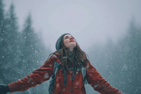 A young woman stands outdoors in a winter forest, embracing the snowy weather. She wears a red jacket and a gray beanie, with snowflakes gently falling around her.の素材