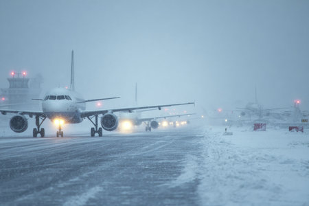 Snow blankets the airport runway as multiple aircraft wait to take off in the heavy snowfall. Poor visibility and icy conditions pose challenges for air travel during winter.の素材