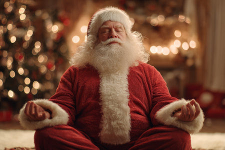 Santa Claus sits cross-legged on the floor, eyes closed, in a warm room decorated for Christmas. Twinkling lights and a Christmas tree create a tranquil holiday atmosphere.の素材