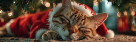A ginger cat wearing a furry red Christmas outfit sleeps peacefully under a decorated holiday tree, surrounded by soft lights and ornaments, embracing the festive spirit.の素材