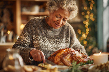 An elderly woman joyfully carves a golden roasted turkey in a warm and inviting dining room. The atmosphere is festive with twinkling lights and a beautifully arranged table.の素材