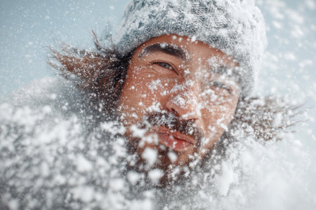 A man stands outdoors, smiling joyfully as snowflakes swirl around him in a winter landscape. His warm hat protects him from the cold while he embraces the beauty of snowfall.の素材