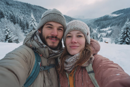 A young couple smiles happily while standing in a snowy landscape filled with trees and mountains. Their warm clothing showcases the chilly weather. Soft snowfall adds to the winter scene.の素材