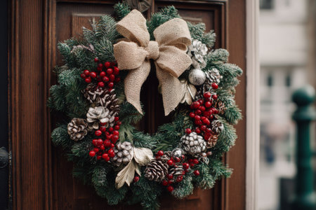 A festive wreath made of pine and decorated with red berries, pinecones, and a burlap bow is displayed on a wooden door, enhancing the holiday spirit.の素材