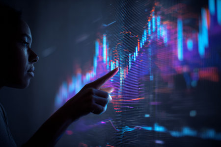 A person examines vibrant stock market graphics on a digital display. The setting is dimly lit, highlighting the bright colors of the data. Attention is focused on the upward trends.の素材