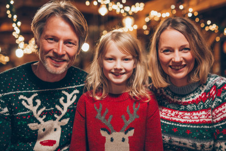 A joyful family poses together in colorful Christmas sweaters, smiling brightly in a festive room decorated with warm lights. The child stands between two adults, radiating happiness.の素材