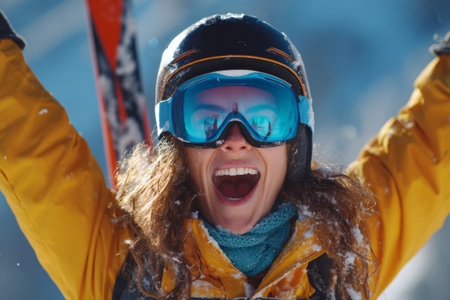 A skier in a bright yellow jacket and blue goggles lifts their arms in joy on a snowy mountain. Sunshine enhances the vibrant colors of the scene.の素材