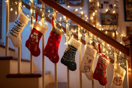 Colorful Christmas stockings are hung on a staircase, creating a festive atmosphere. Twinkling lights add charm to the cozy home, perfect for the holiday season.の素材