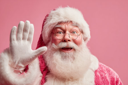 A cheerful Santa Claus with a fluffy white beard and red coat is joyfully waving. His round glasses frame a beaming face, spreading holiday cheer against a pink backdrop.の素材