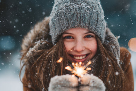 A girl with long hair wears a gray hat and cozy gloves while holding a sparkler in her hands. Soft snow falls around her as she smiles joyfully in a winter setting.の素材