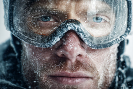 A man stands in a snowy environment, his face covered in frost. He wears goggles and exhibits a focused expression, ready for a challenging outdoor adventure.の素材