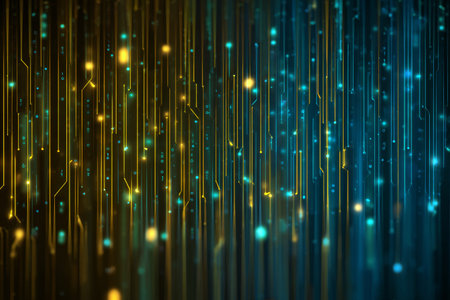 A vibrant scene of blue and yellow lights forms a digital stream. Colorful patterns reflect a futuristic and technological atmosphere, ideal for backgrounds or designs.の素材