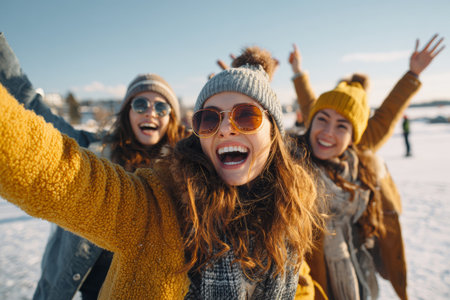 Group of three young women wearing warm clothing and sunglasses sharing joyful moments outdoors. They are surrounded by snow and a bright blue sky, celebrating winter activities together.の素材