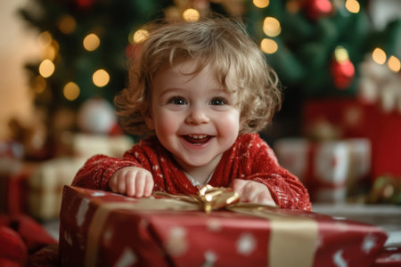 A cheerful toddler with curly hair leans over a wrapped gift, beaming with joy. The cozy room is decorated for the holidays, with lights and a Christmas tree in the background.の素材