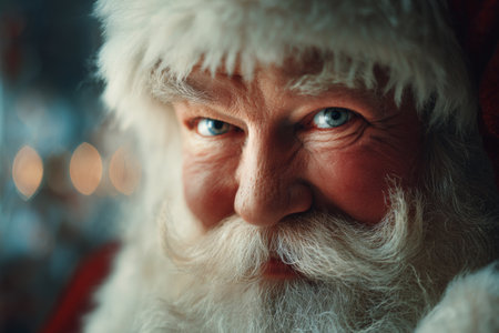 A joyful Santa Claus with bright blue eyes and a thick white beard is smiling warmly. His cheerful expression brings festive spirit, highlighting the joy of the holiday season.の素材
