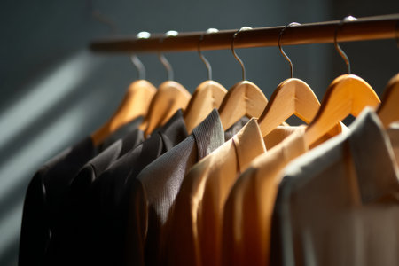 Clothes in neutral colors hang neatly on wooden hangers. Soft light filters in, highlighting the fabric textures, creating a warm and cozy environment in a retail store.の素材