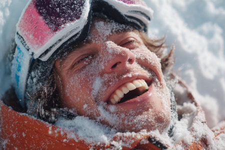 A skier lays happily in the snow, covered in frosty flakes. He smiles widely, wearing goggles and an orange jacket, surrounded by a winter wonderland of snow and sunlight.の素材