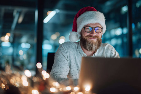 A man wears a Santa hat while smiling at his laptop in a modern office filled with holiday decorations. The scene reflects a joyful atmosphere during the festive season.の素材