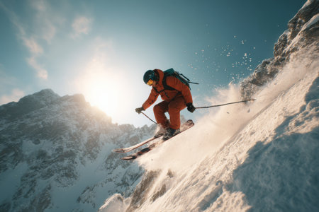 A skier in an orange suit performs a jump off a snowy slope, surrounded by majestic mountain peaks under a clear blue sky. Sunlight shines brightly, illuminating the scene.の素材