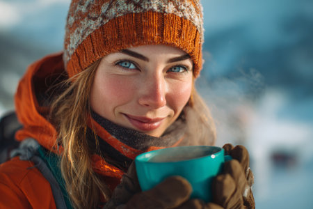A young woman with bright eyes smiles while holding a warm cup in a snowy mountain setting. She wears a cozy hat and jacket, enjoying the winter scenery.の素材
